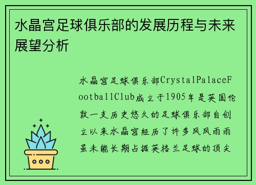 水晶宫足球俱乐部的发展历程与未来展望分析