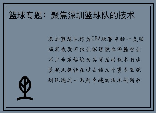 篮球专题：聚焦深圳篮球队的技术