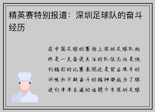 精英赛特别报道：深圳足球队的奋斗经历